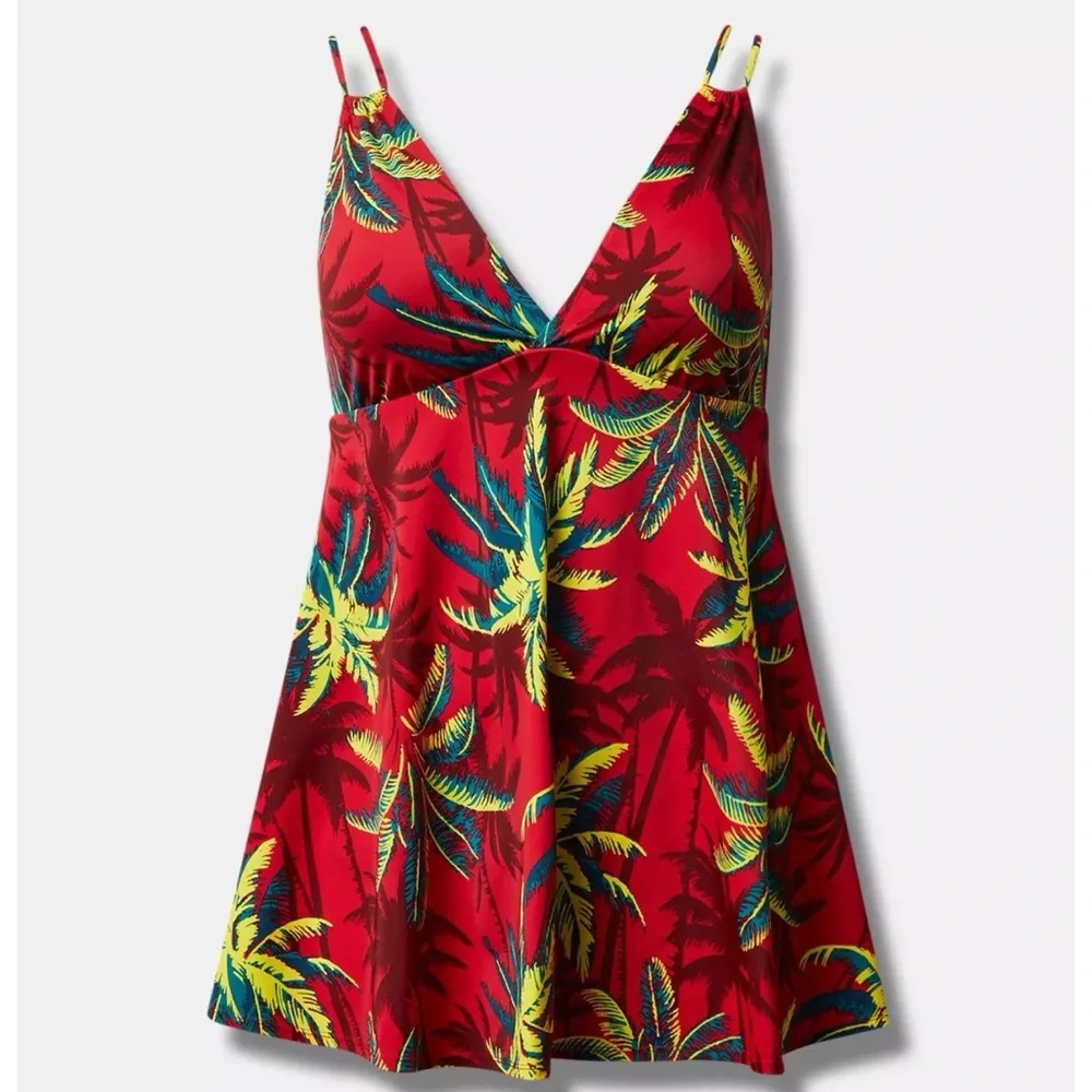 Torrid Red Tropical Shadow Retro Wireless Plunge Swim Dress Swimsuit 1X 14 16 - Picture 12 of 14